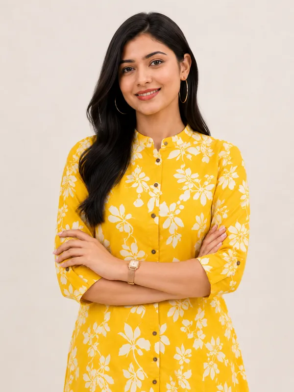 Yellow_Rayon_A_Line_Floral_Print_Kurta_Set_For_Women