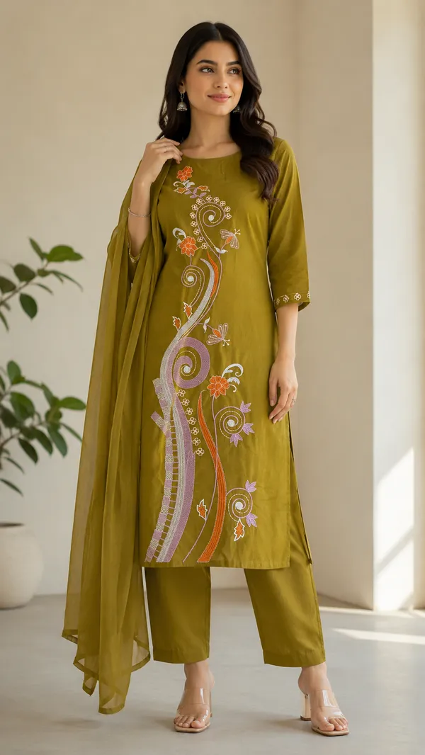 Olive_Green_Cotton_Straight_Embroidered_Kurta_Set_For_Women