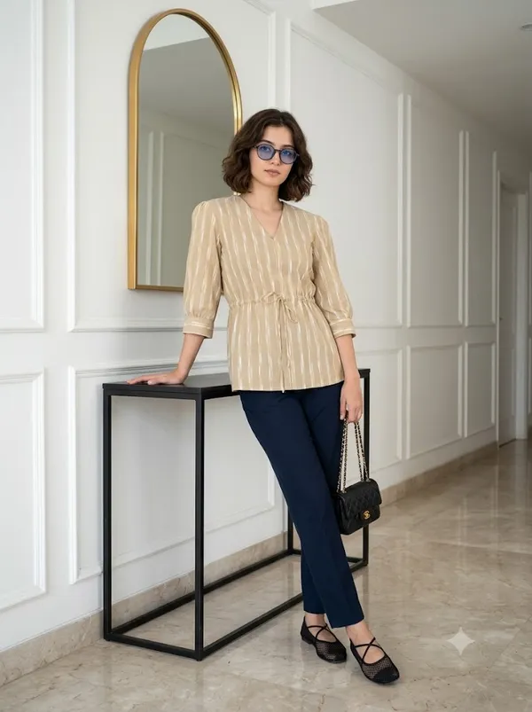 Beige_Ikat_Tie_Waist_Top_For_Women