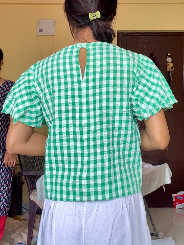 Green_Gingham_Pattern_Sleeve_Top_For_Women