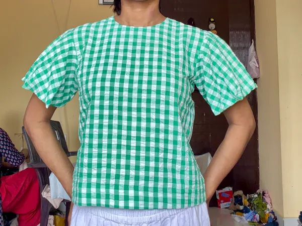 Green_Gingham_Pattern_Sleeve_Top_For_Women