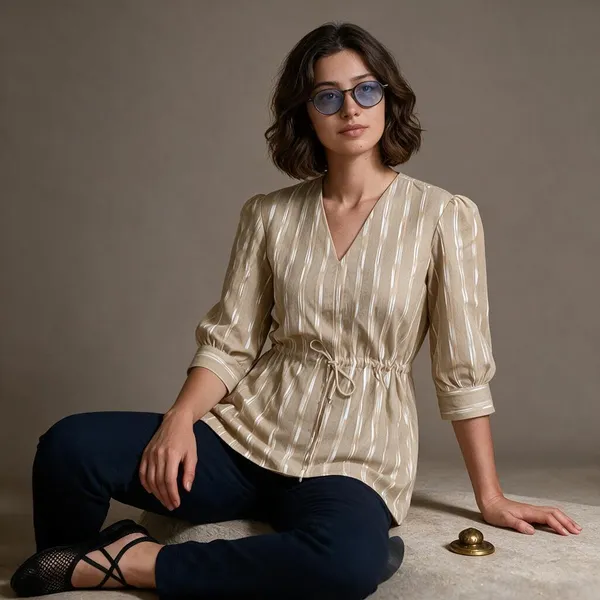 Beige_Ikat_Tie_Waist_Top_For_Women