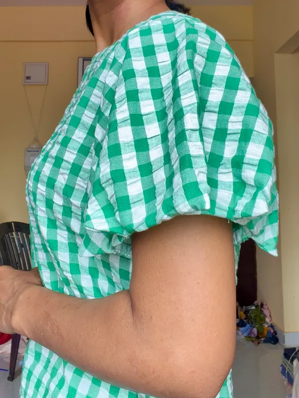 Green_Gingham_Pattern_Sleeve_Top_For_Women