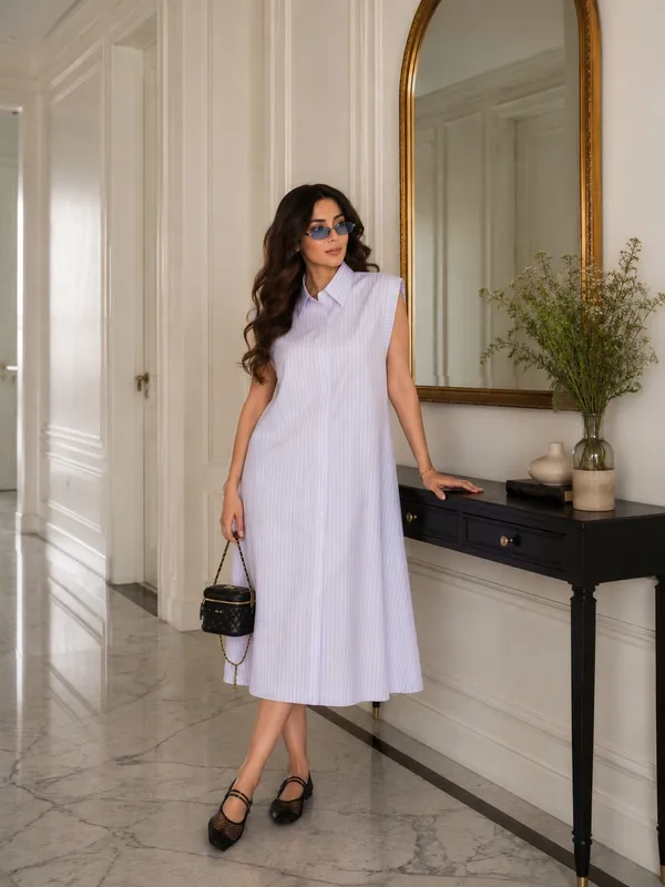 White_Poplin_Cotton_A_Line_Shirt_Dress_For_Women