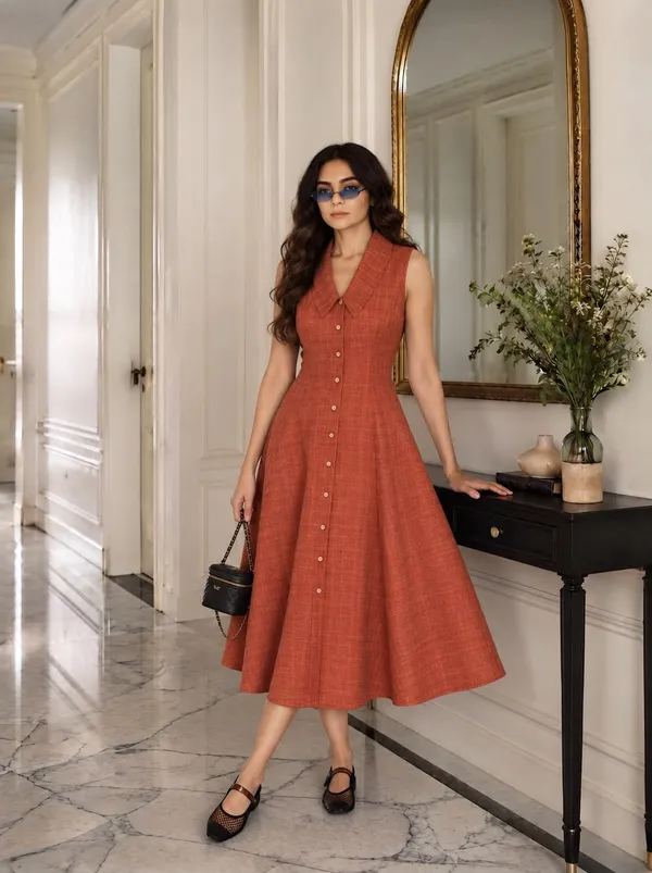 rust_orange_Pure_Cotton_A_Line_Dress_For_Women