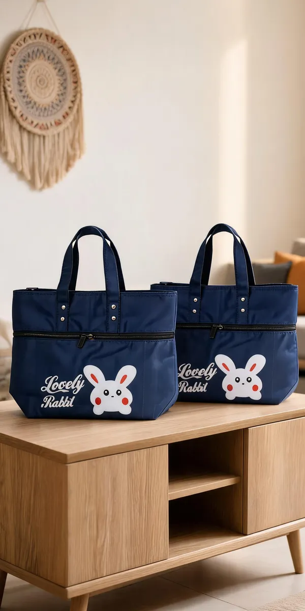 Blue_Synthetic_Rabbit_Print_Zipper_Tote_Bag_For_Women_-_Pack_of_2