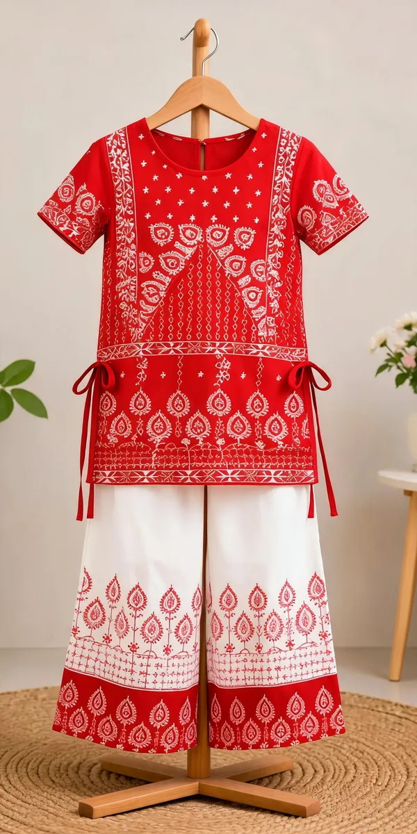 Red_Rayon_Printed_Kurta_Palazzo_Set_For_Girls