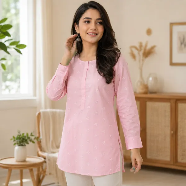 Pink_Cotton_Embroidered_Short_Kurti_For_Women