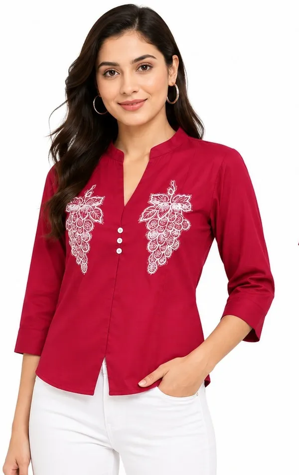Red_Embroidered_Regular_Fit_Top_For_Women