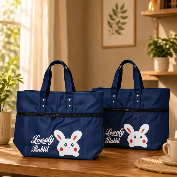 Blue_Synthetic_Rabbit_Print_Zipper_Tote_Bag_For_Women_-_Pack_of_2