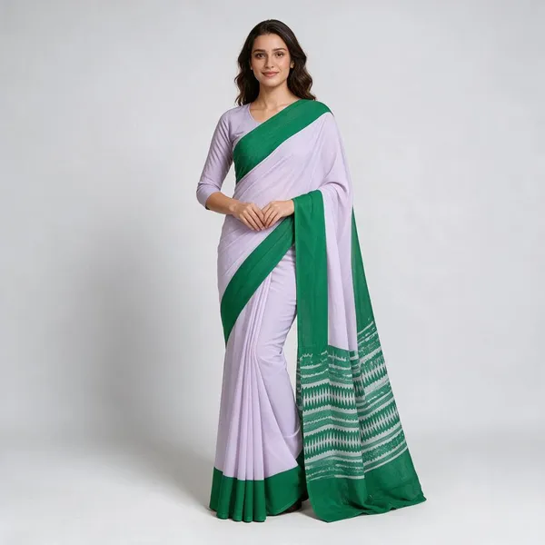 saree-white-with-green-border
