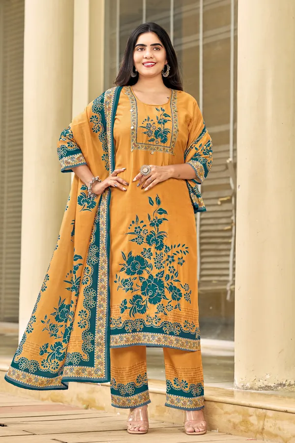 Mustard_Muslin_Floral_Print_Kurta_Set_For_Women