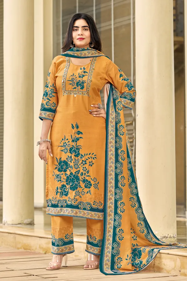 Mustard_Muslin_Floral_Print_Kurta_Set_For_Women