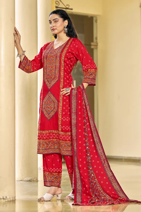 Red_Muslin_Straight_Print_Kurta_Set_For_Women