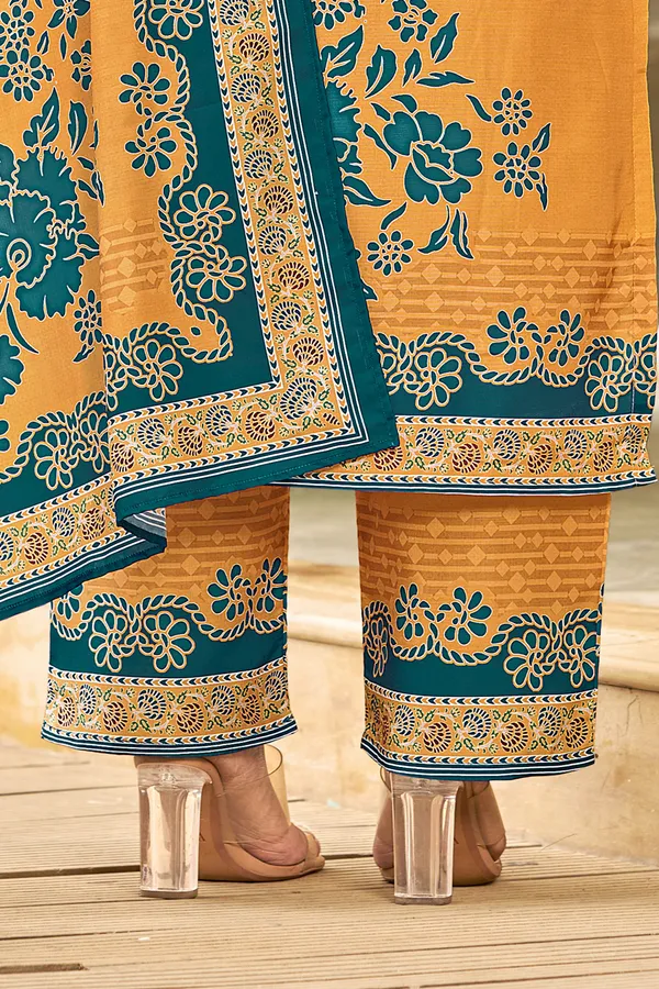 Mustard_Muslin_Floral_Print_Kurta_Set_For_Women