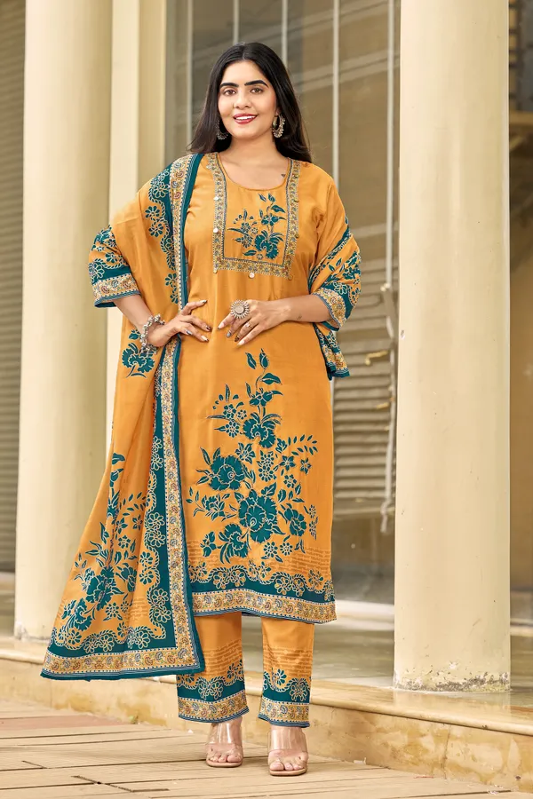 Mustard_Muslin_Floral_Print_Kurta_Set_For_Women