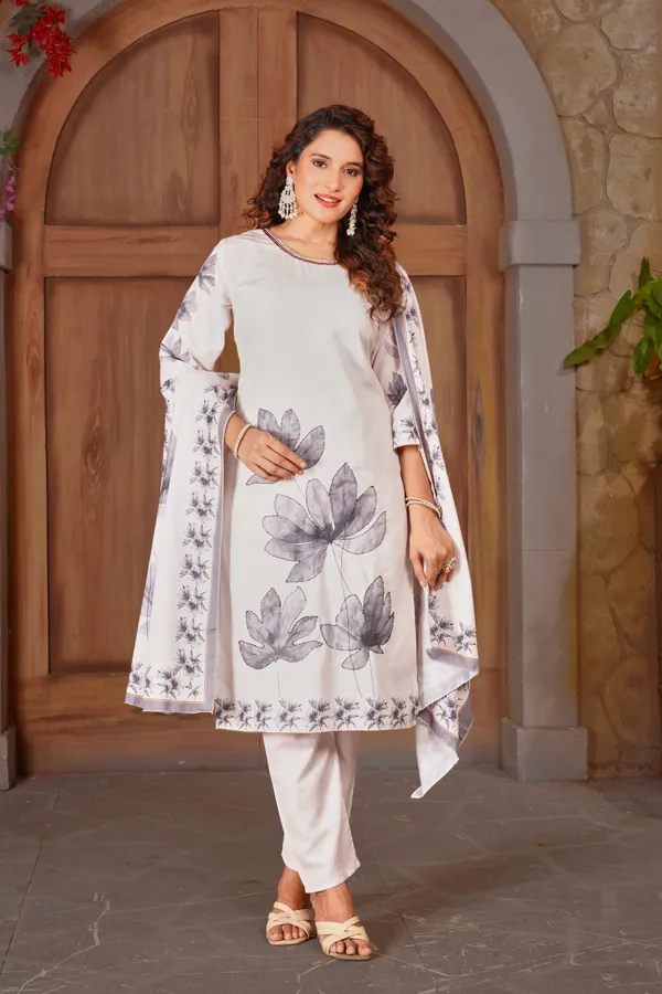 White_Cotton_Blend_Floral_Print_Kurta_Set_For_Women