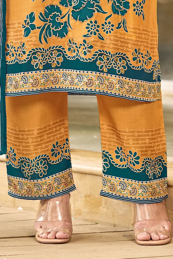 Mustard_Muslin_Floral_Print_Kurta_Set_For_Women