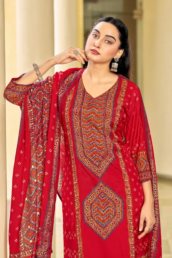 Red_Muslin_Straight_Print_Kurta_Set_For_Women