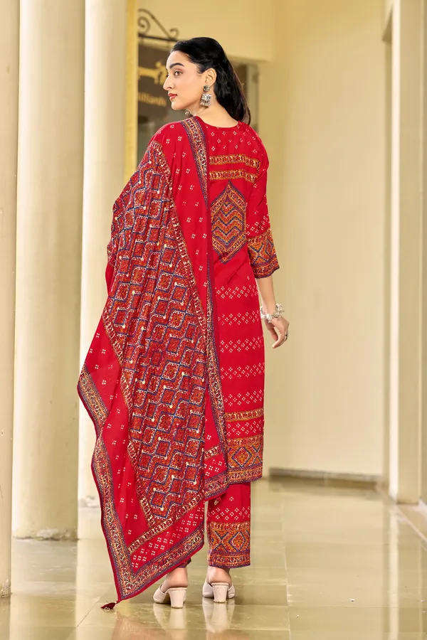 Red_Muslin_Straight_Print_Kurta_Set_For_Women