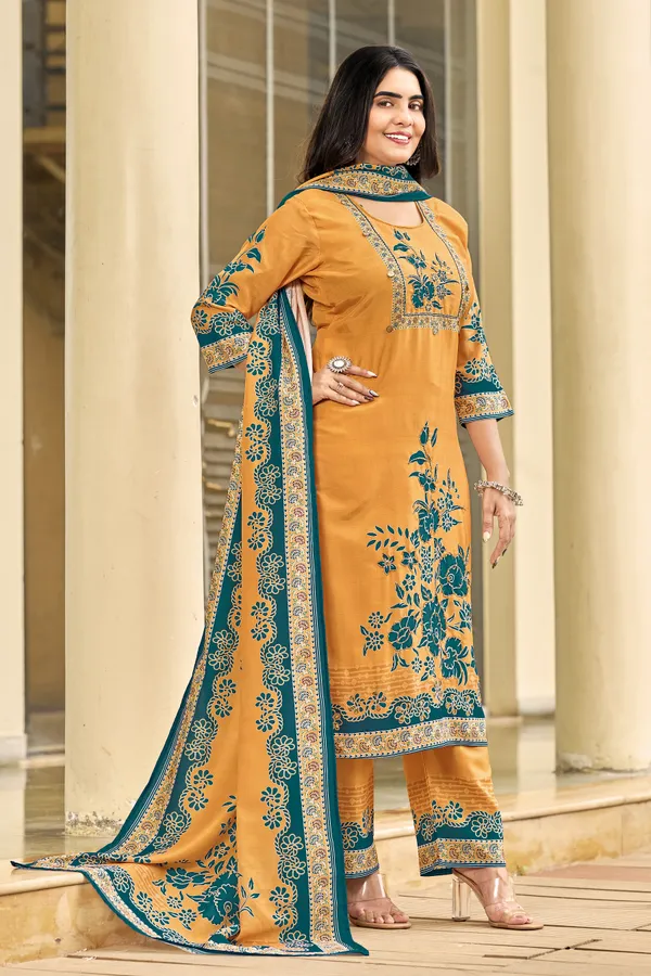 Mustard_Muslin_Floral_Print_Kurta_Set_For_Women