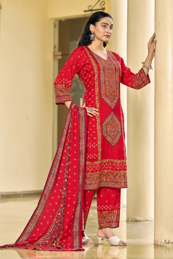 Red_Muslin_Straight_Print_Kurta_Set_For_Women