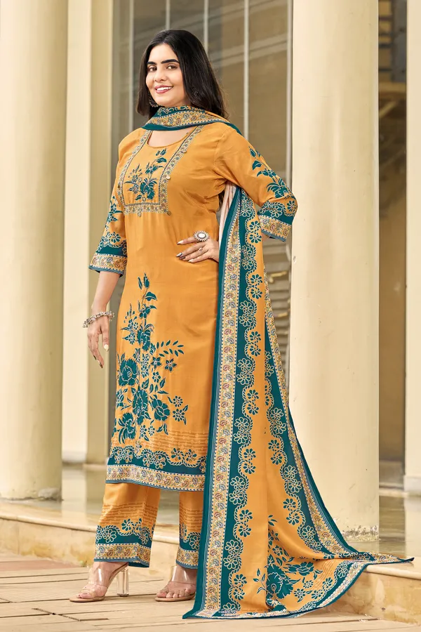 Mustard_Muslin_Floral_Print_Kurta_Set_For_Women