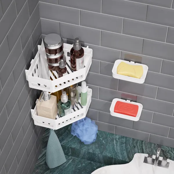 White_Plastic_Two_Tier_Corner_Bathroom_Storage_Rack_Pack_Of_4