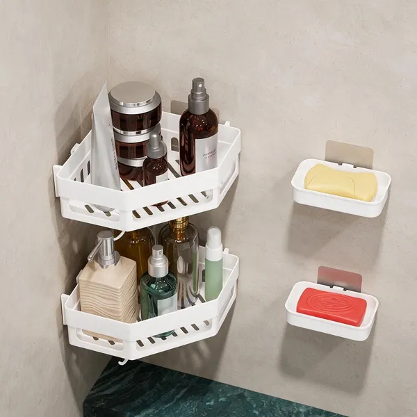 White_Plastic_Two_Tier_Corner_Bathroom_Storage_Rack_Pack_Of_4