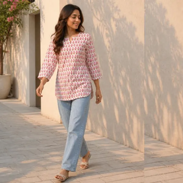 Pink_Cotton_Printed_Short_Kurti_For_Women
