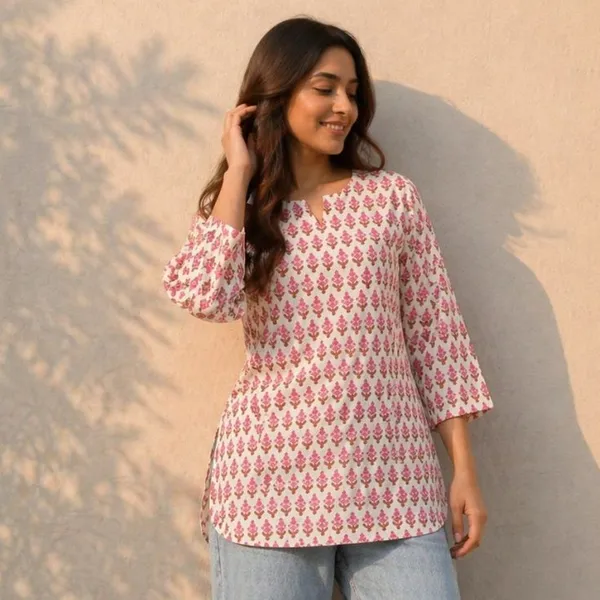 Pink_Cotton_Printed_Short_Kurti_For_Women