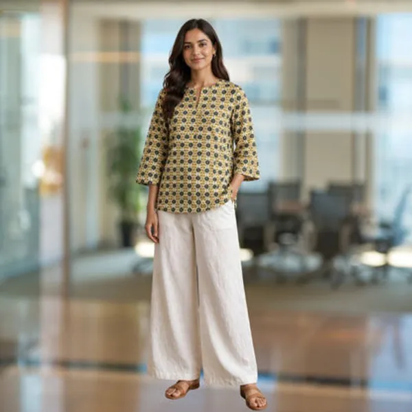 Mustard_Cotton_Printed_Short_Kurti_For_Women