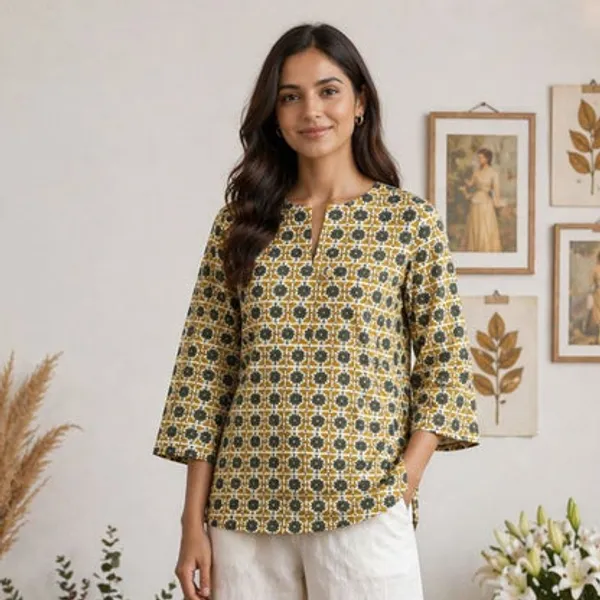Mustard_Cotton_Printed_Short_Kurti_For_Women
