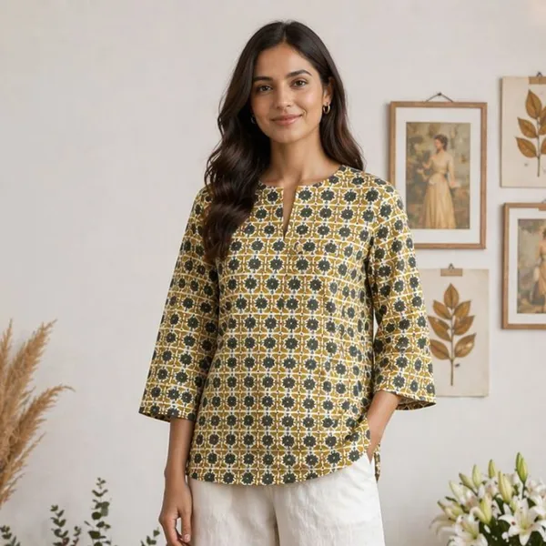 Mustard_Cotton_Printed_Short_Kurti_For_Women