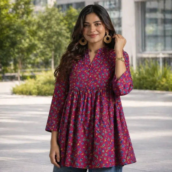 Maroon_Cotton_Printed_Short_Kurti_For_Women