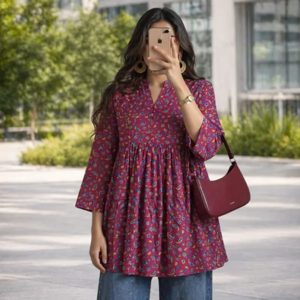 Maroon_Cotton_Printed_Short_Kurti_For_Women