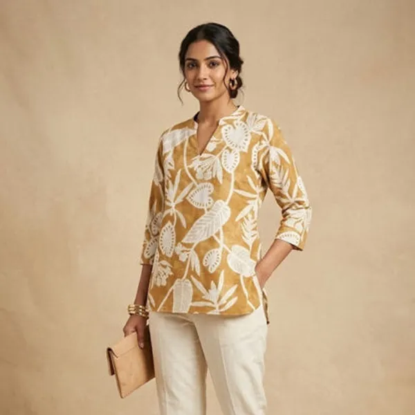 Yellow_Cotton_Printed_Short_Kurti_For_Women