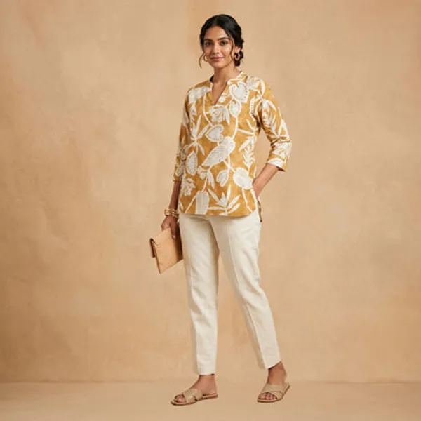 Yellow_Cotton_Printed_Short_Kurti_For_Women