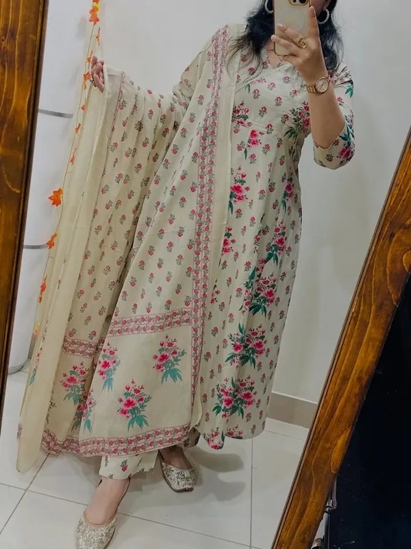 Off_White_Cotton_Floral_Printed_Kurta_Pant_Dupatta_Set_For_Women