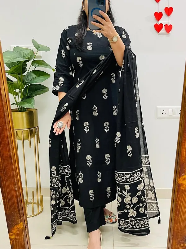 Black_Cotton_Printed_Kurta_Pant_Dupatta_Set_For_Women