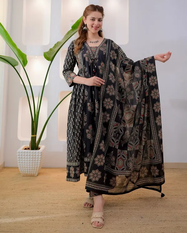 Black_Cotton_Printed_Anarkali_Kurti_Pant_Dupatta_Set_For_Women
