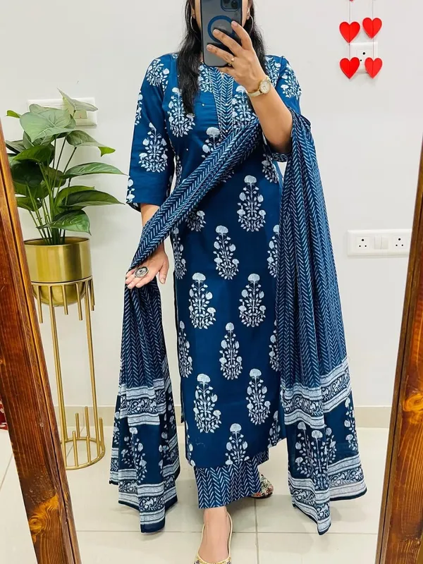 Blue_Cotton_Printed_Straight_Kurti_Pant_Dupatta_Set_For_Women