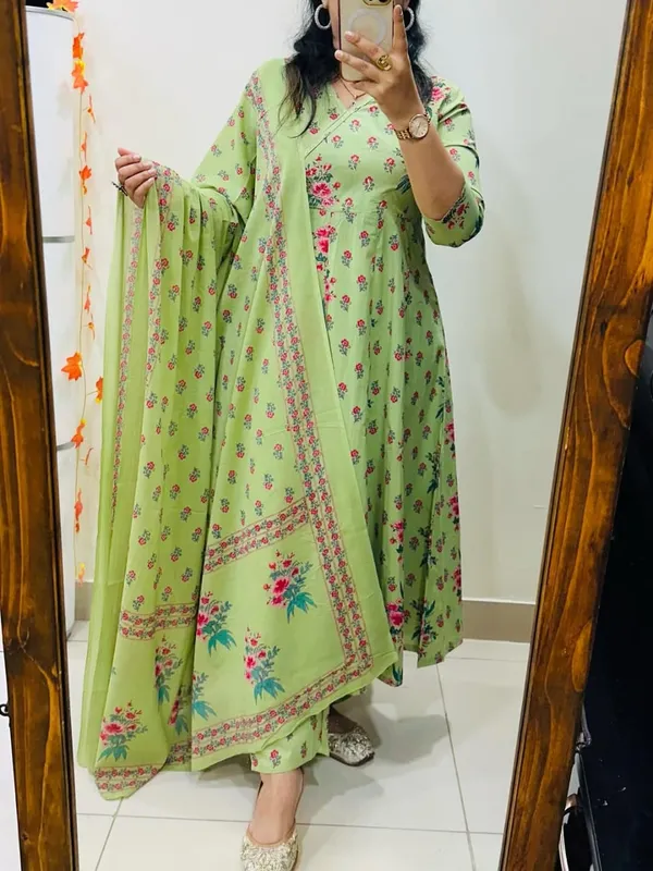 Green_Cotton_Floral_Printed_Kurta_Pant_Dupatta_Set_For_Women