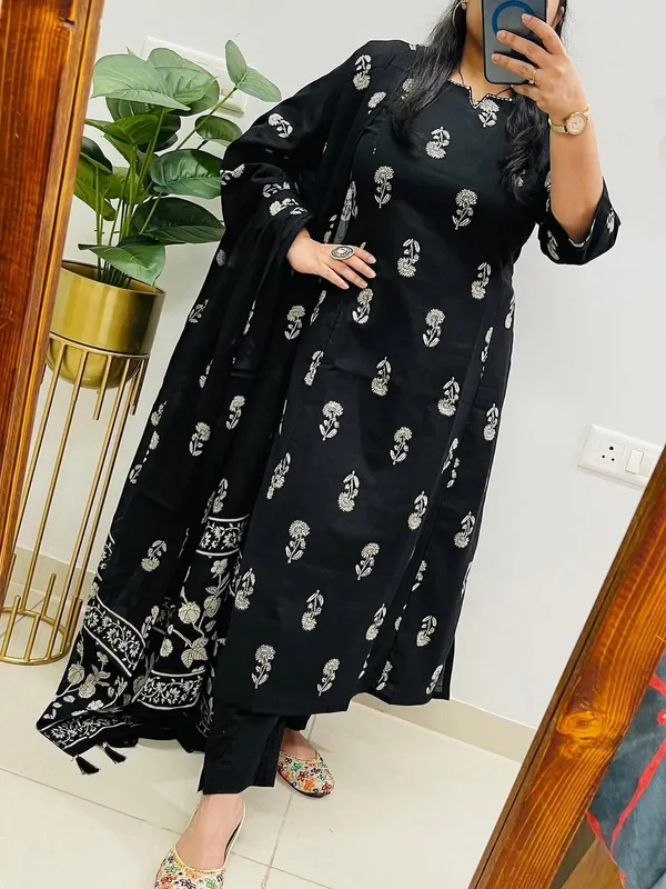 Black_Cotton_Printed_Kurta_Pant_Dupatta_Set_For_Women