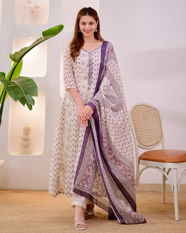 Cream_Cotton_Printed_Kurta_Pant_Dupatta_Set_For_Women
