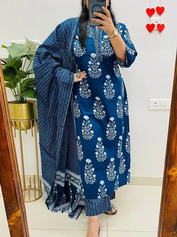Blue_Cotton_Printed_Straight_Kurti_Pant_Dupatta_Set_For_Women