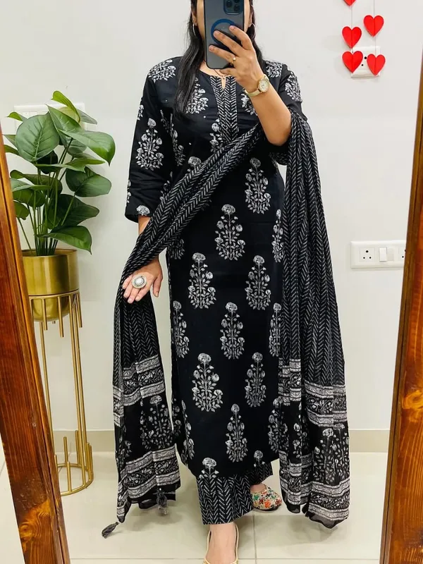 Black_Cotton_Printed_Straight_Kurti_Pant_Dupatta_Set_For_Women