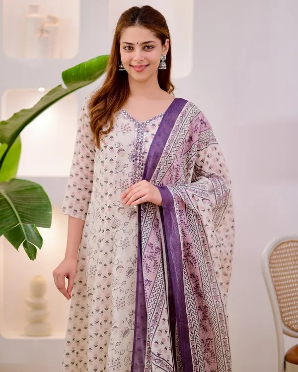 Cream_Cotton_Printed_Kurta_Pant_Dupatta_Set_For_Women