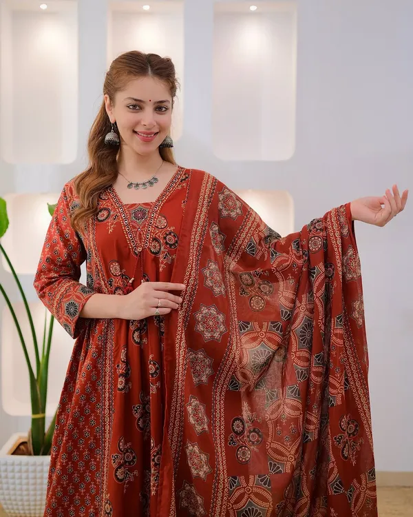 Orange_Cotton_Printed_Anarkali_Kurti_Pant_Dupatta_Set_For_Women