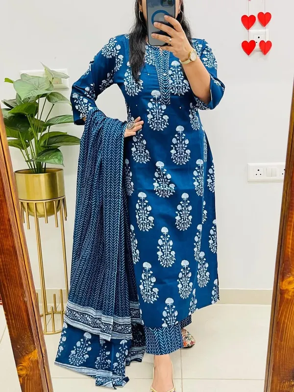 Blue_Cotton_Printed_Straight_Kurti_Pant_Dupatta_Set_For_Women